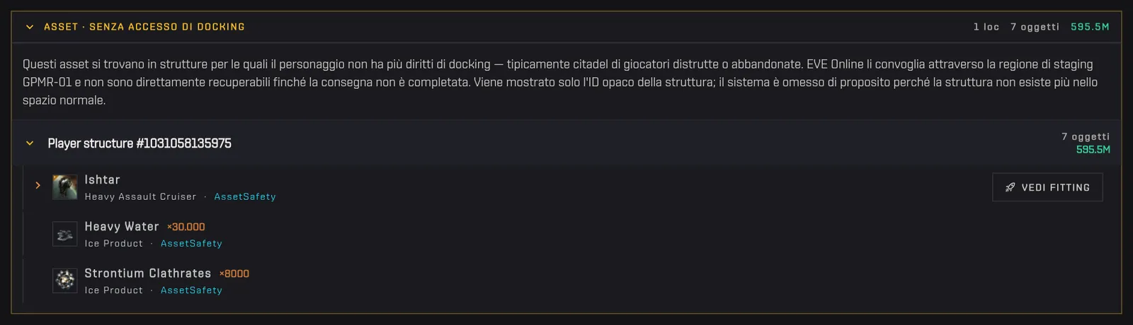 La sezione ambra degli asset senza accesso di docking, con una struttura aperta su una Ishtar e del carburante