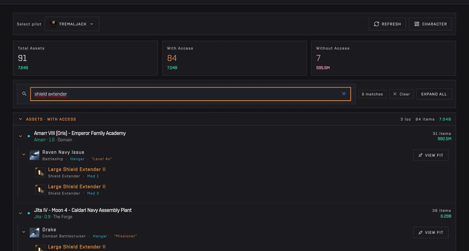 Typing shield extender: the counter shows the matches and every ship carrying one opens, in Amarr and in Jita