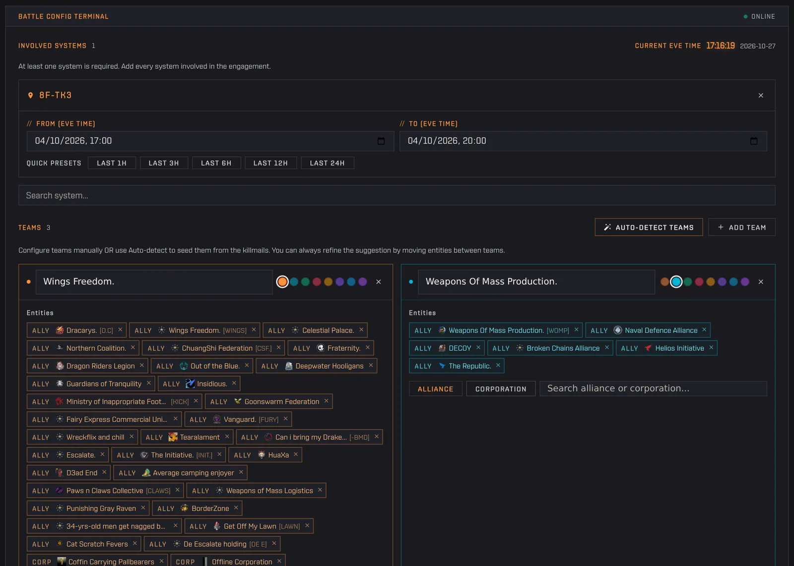 Auto-detect fills two teams, Wings Freedom and Weapons Of Mass Production, with their alliances and corporations
