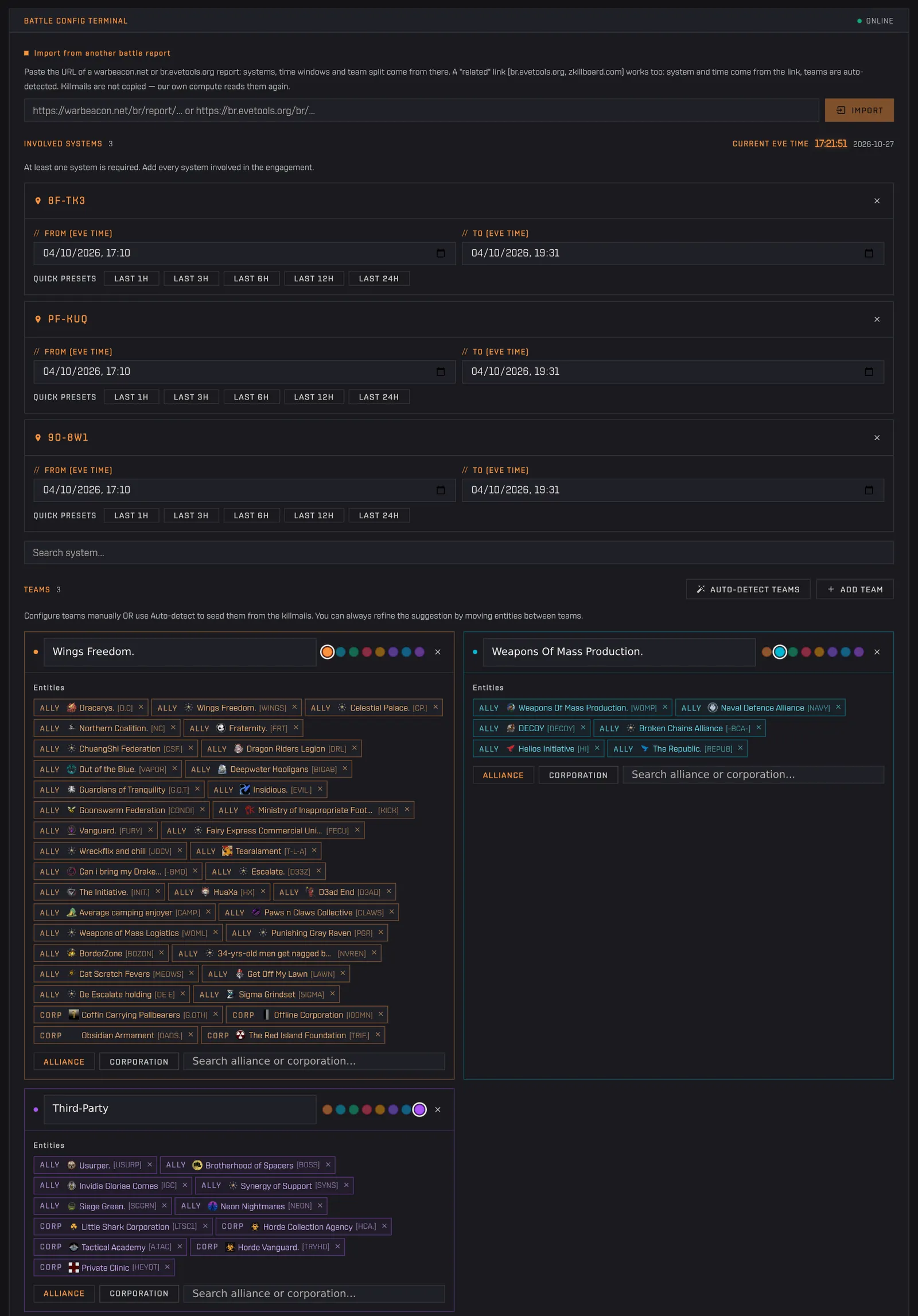 The form opened from a saved report, pre-filled with its three systems and three teams