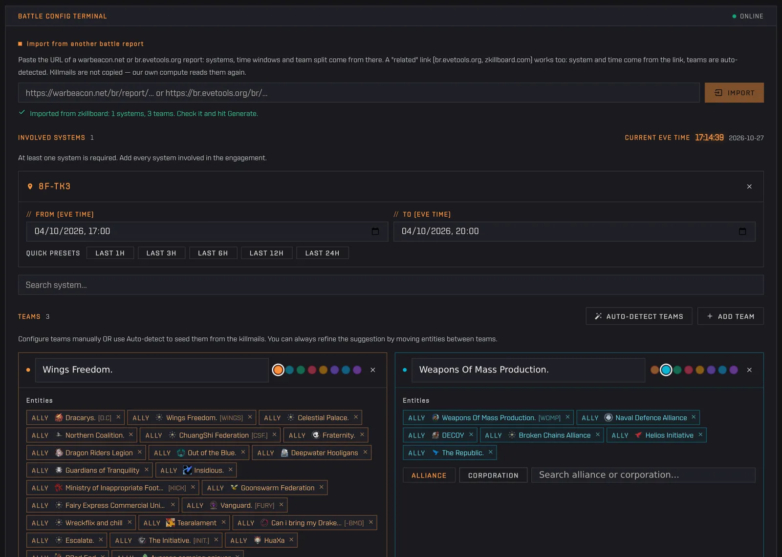 A zKillboard related link pasted in the import field fills the system 8F-TK3 and two detected teams