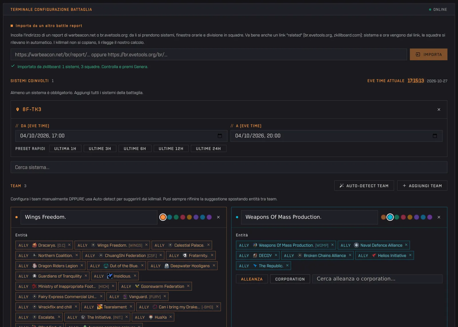 Un link related di zKillboard incollato nel campo di importazione riempie il sistema 8F-TK3 e due squadre rilevate