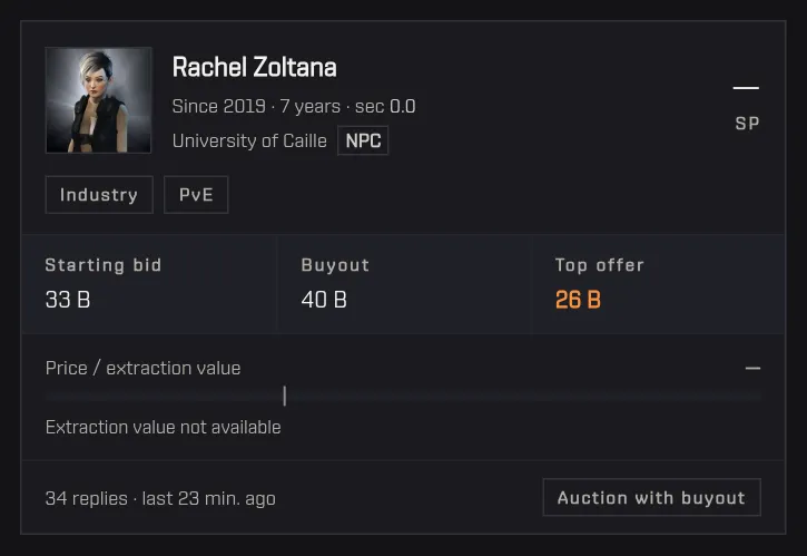 A listing card with portrait, skill points, bids and the price to extraction bar