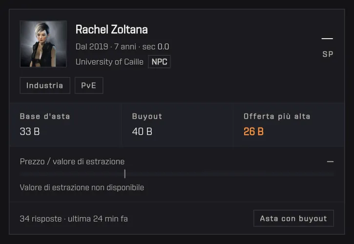 La scheda di un annuncio con ritratto, skill point, offerte e barra prezzo/estrazione