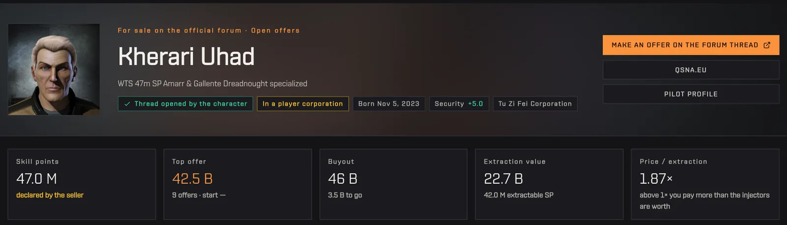 The top of a listing: portrait, check chips and five tiles with skill points, offers and extraction value