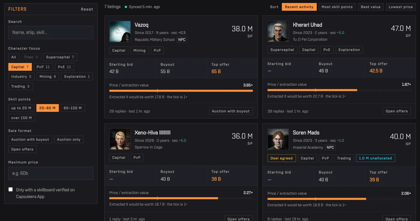 Selecting the Capital focus and the 20–80 M skill points range: the listings narrow