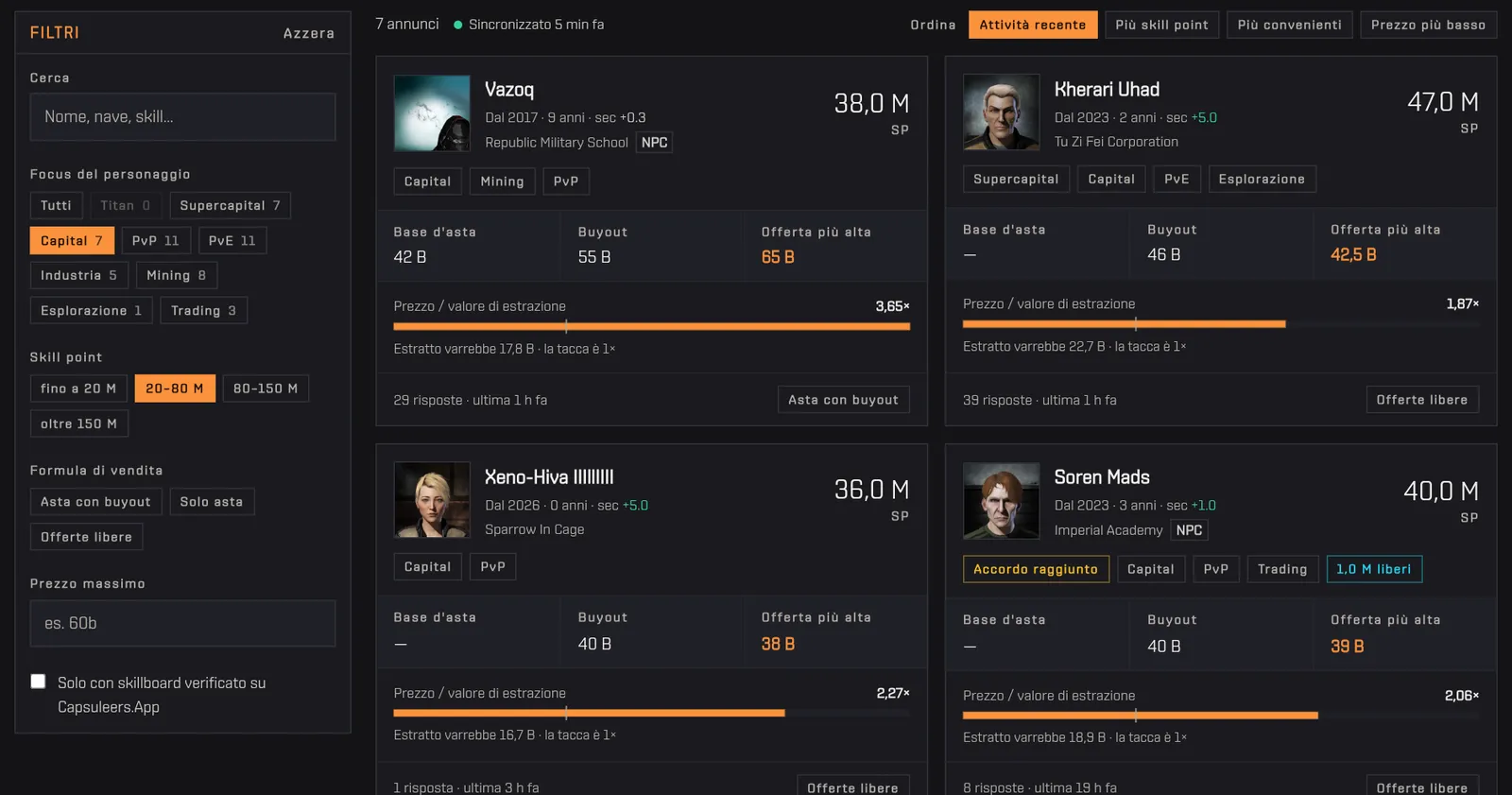 Selezione del focus Capital e della fascia 20–80 M di skill point: gli annunci si restringono