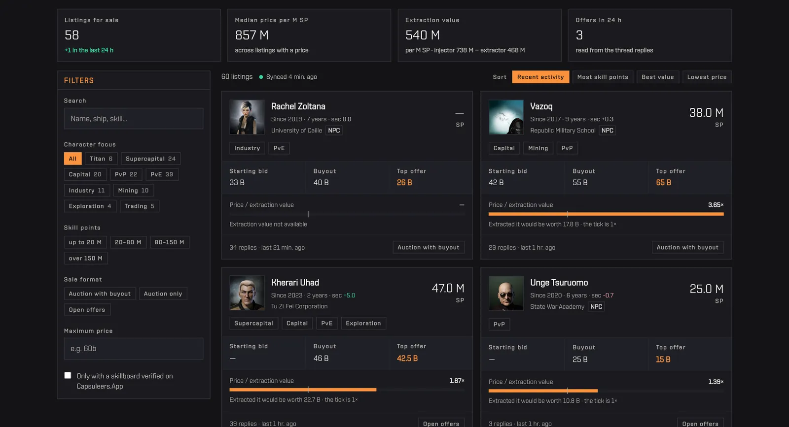 Character Bazaar: market numbers, filters and listing cards with skill points, offers and the price to extraction bar