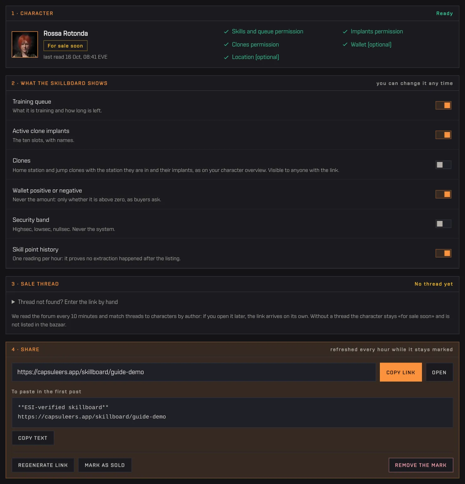 The four steps of a marked character: character, what the skillboard shows, sale thread, share