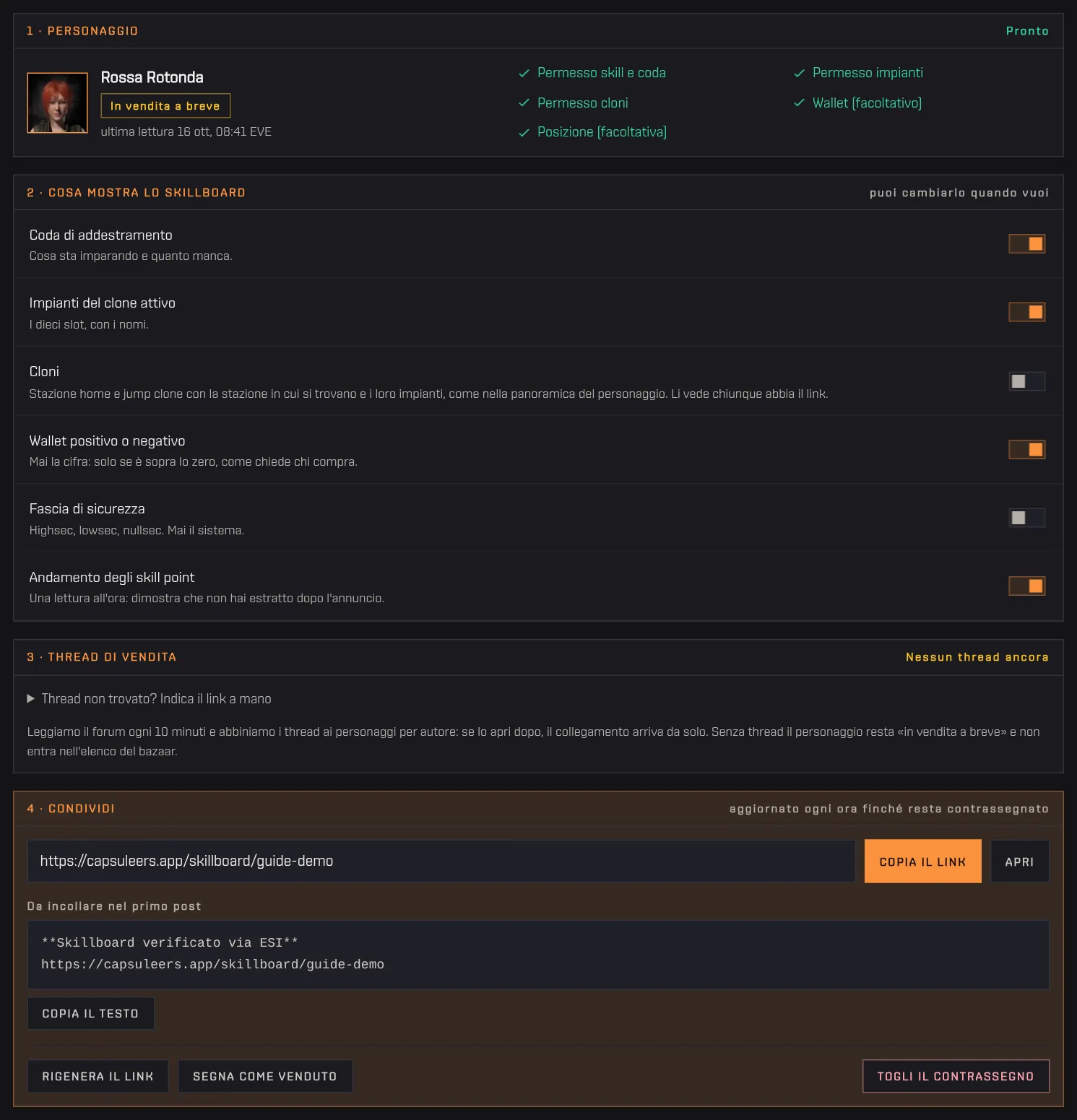 I quattro passi di un personaggio contrassegnato: personaggio, cosa mostra lo skillboard, thread di vendita, condividi