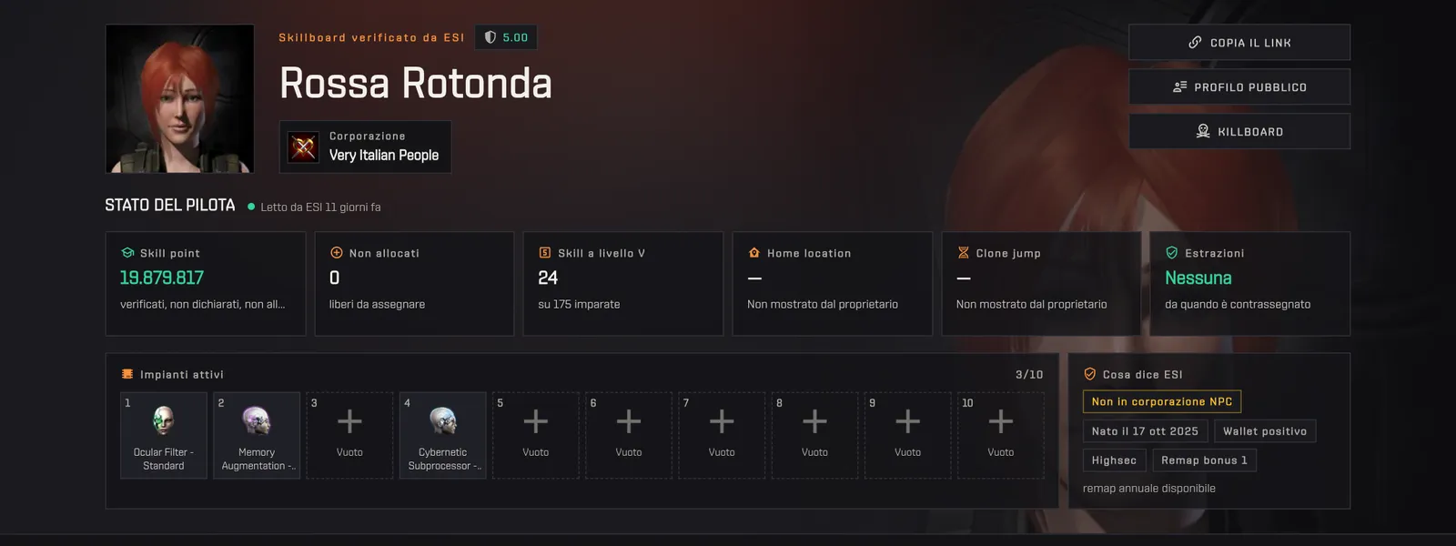Uno skillboard: ritratto, skill point verificati, skill a V, impianti e verifiche ESI