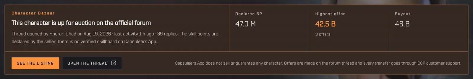 The Character Bazaar strip on a character page: thread, declared skill points, highest offer and buyout