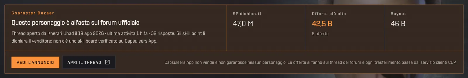 La striscia del Character Bazaar sulla pagina di un personaggio: thread, skill point dichiarati, offerta più alta e buyout