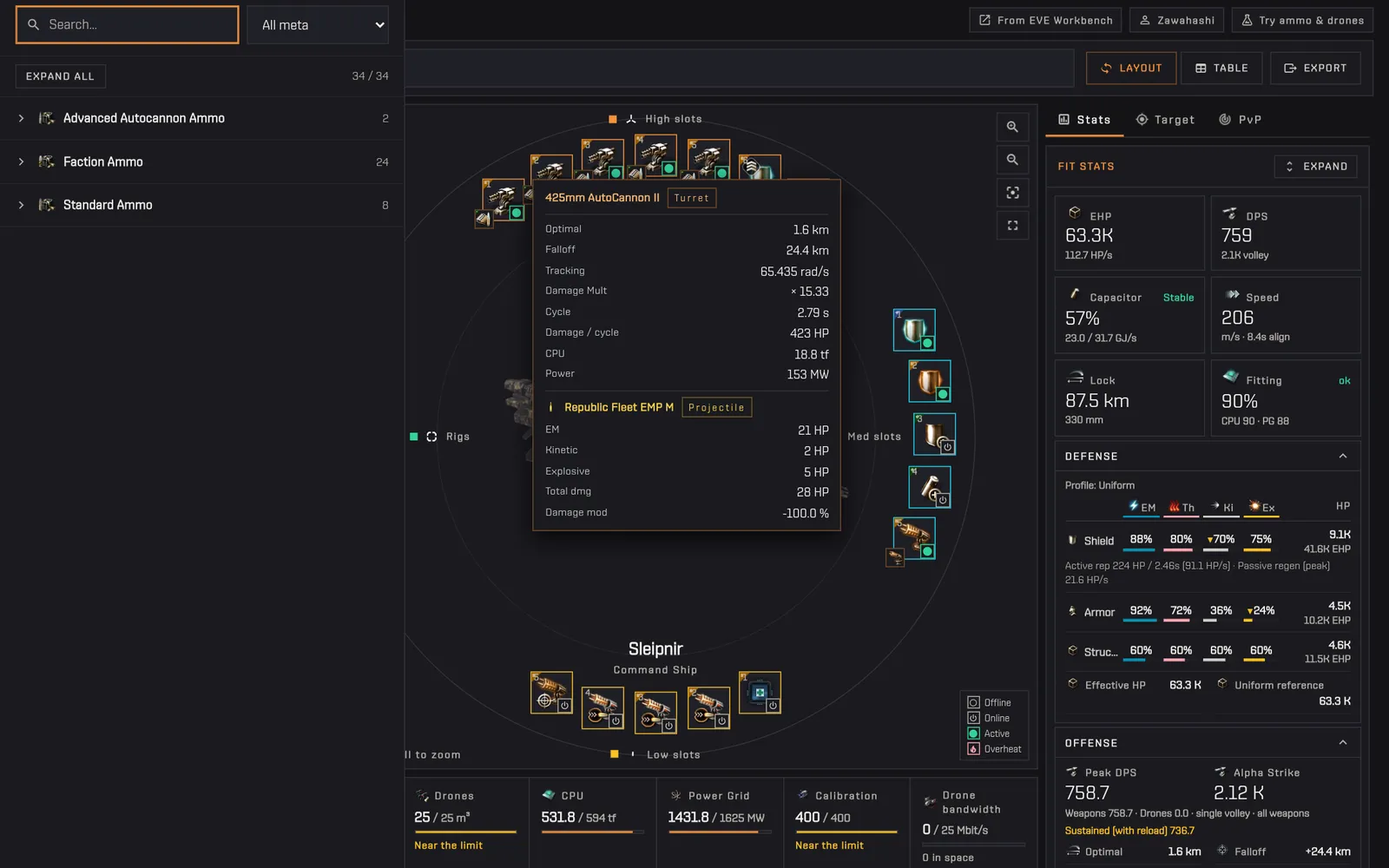 The charge picker opened for a 425mm AutoCannon II with advanced, faction and standard ammo groups