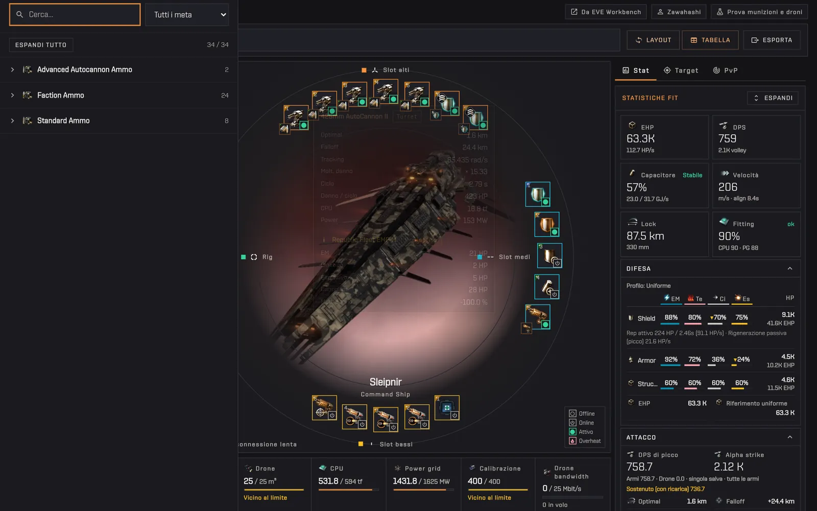 Il selettore delle cariche aperto per una 425mm AutoCannon II con i gruppi di munizioni advanced, faction e standard