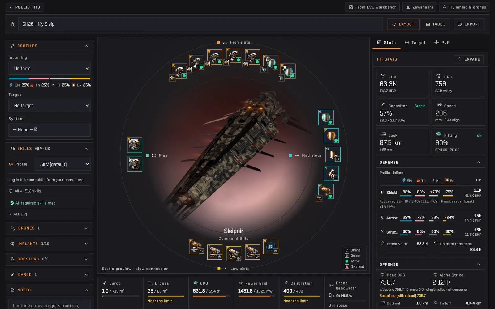 The fitting editor layout with slots in arcs around a 3D Sleipnir