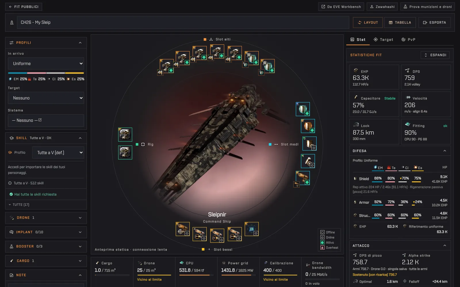 L'editor di fit su una Sleipnir: slot attorno allo scafo 3D, profili e skill a sinistra, statistiche a destra