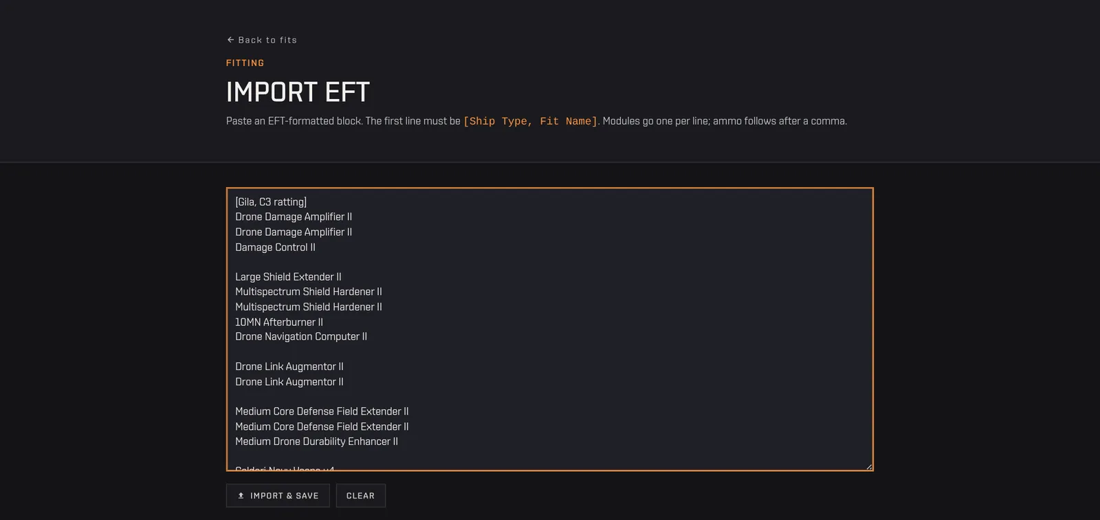 The Import EFT page with a Gila fit pasted in EFT format