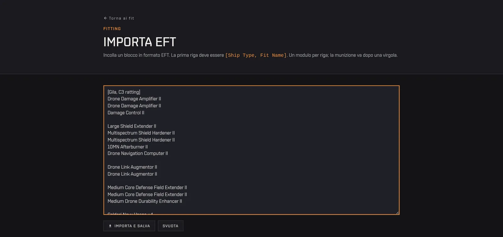 La pagina Importa EFT con un fit di Gila incollato in formato EFT