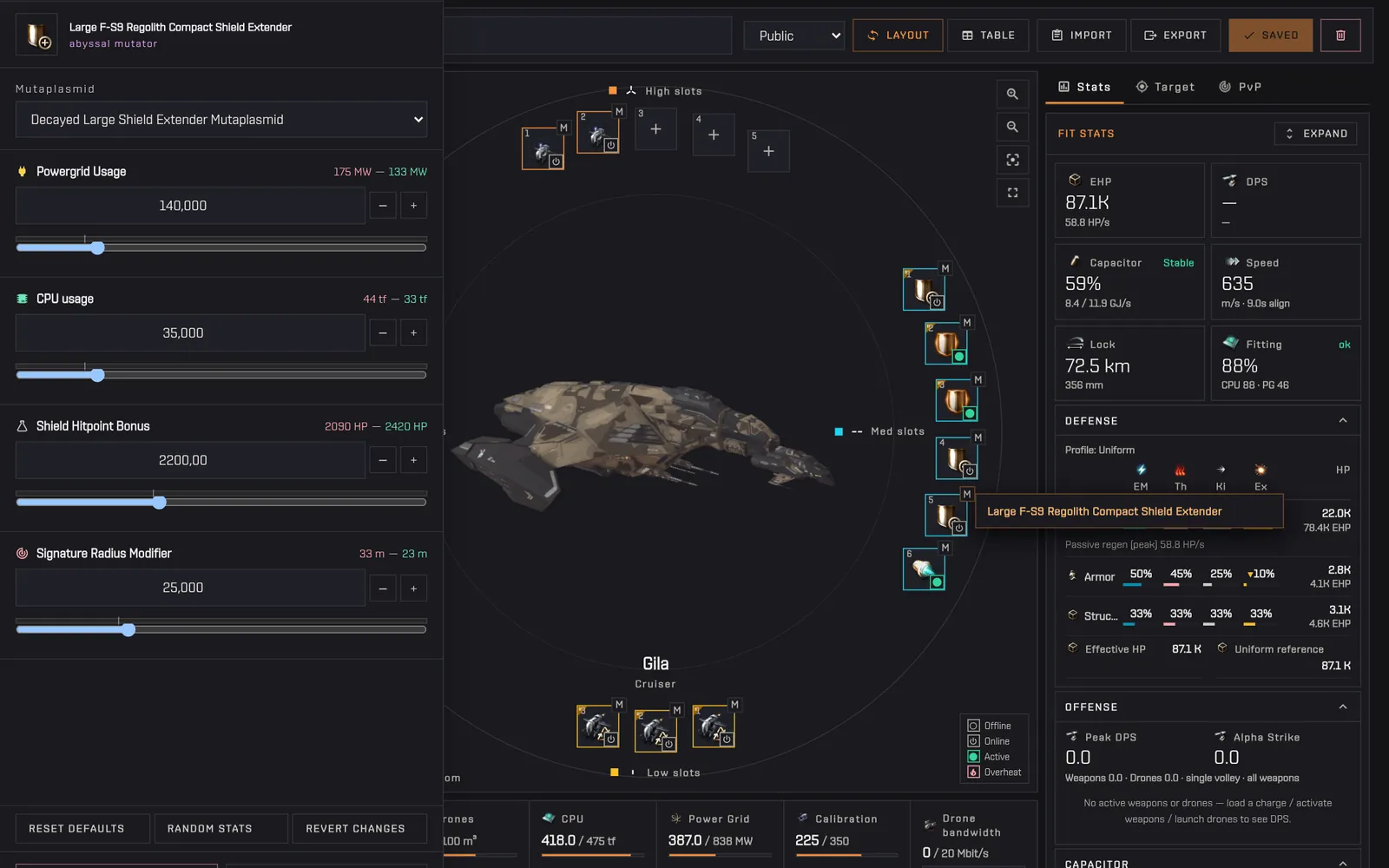 The mutaplasmid editor for a Large Shield Extender with sliders for powergrid, CPU, shield HP and signature