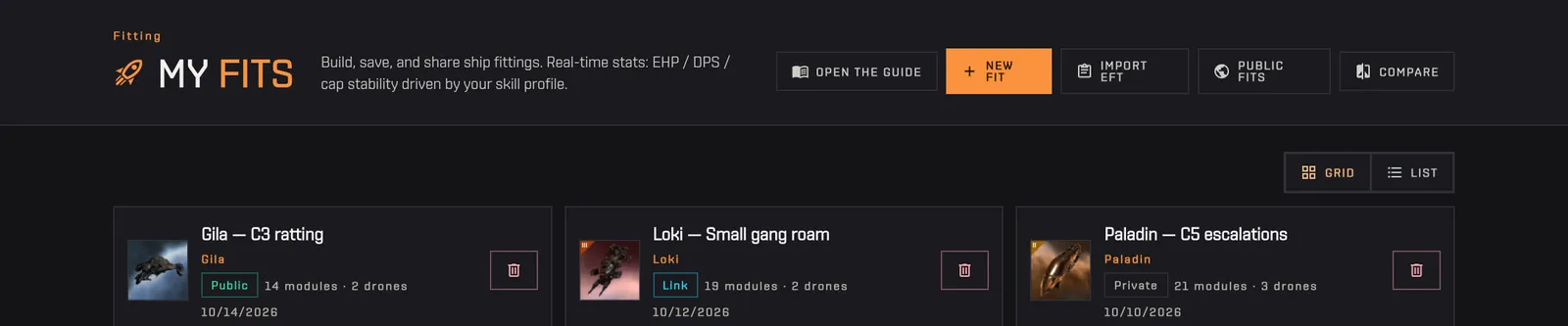 My fits: a grid of saved fits with hull, visibility, modules and date