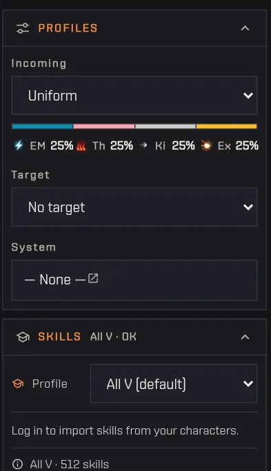 The Profiles and Skills panels with incoming damage, target, system effect and skill profile