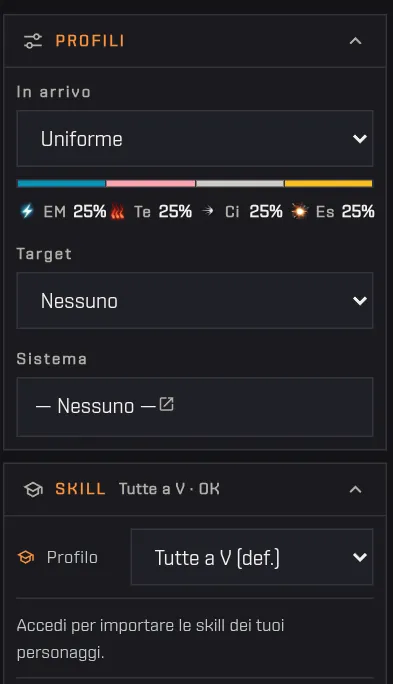 I pannelli Profili e Skill con danno in arrivo, target, system effect e profilo di skill