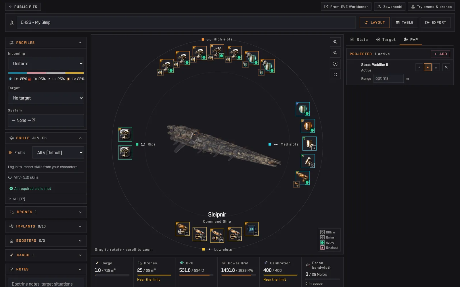 The PvP tab: the module picker opened and a Stasis Webifier II added as a projected effect