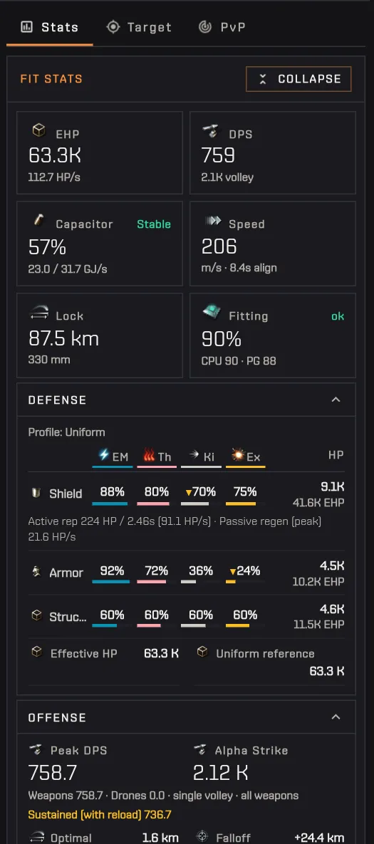The stats column expanding to show shield, armor and structure resists and hit points