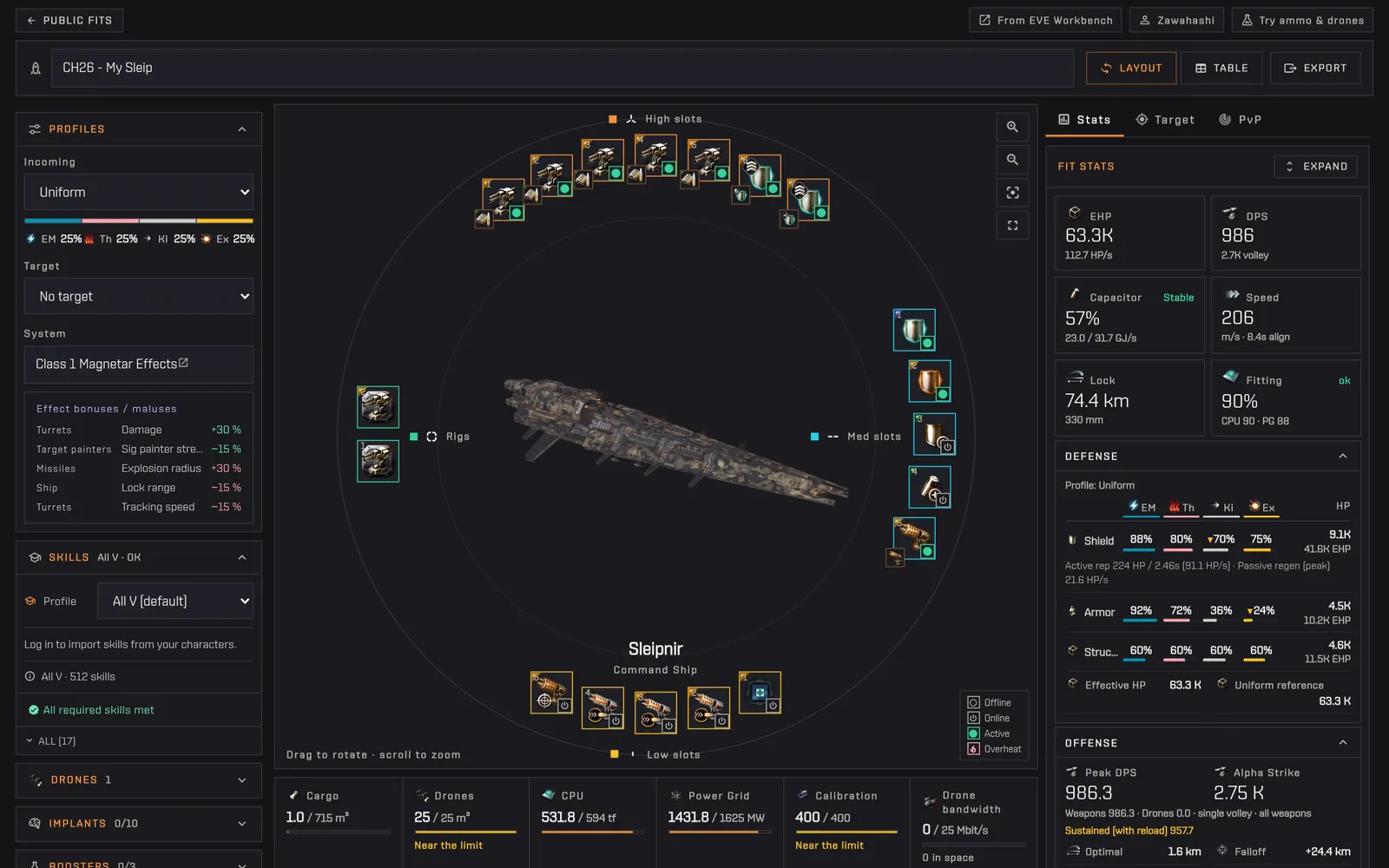 The system effect picker opened, a Class 1 Magnetar chosen and its bonuses listed