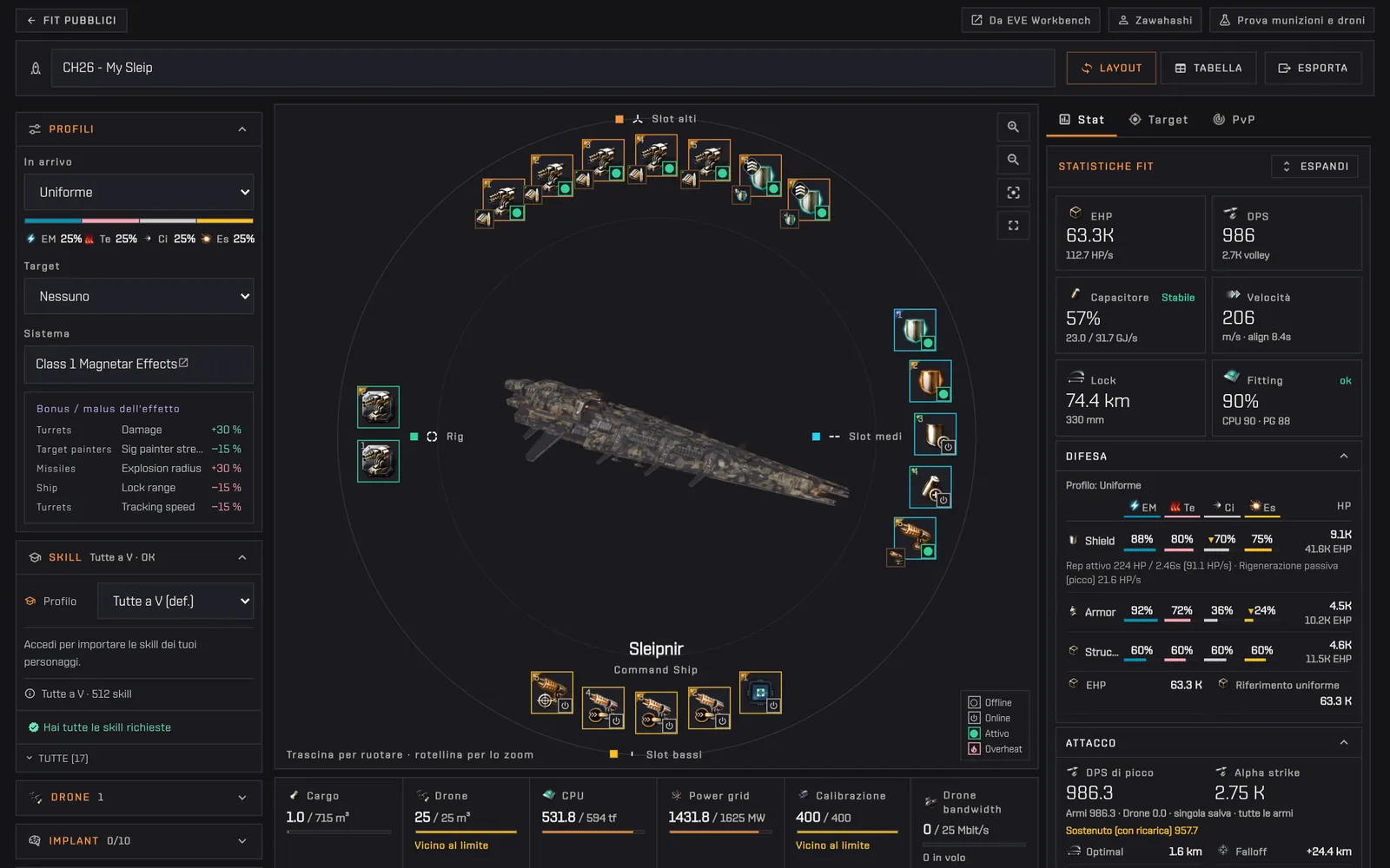 La scelta del system effect aperta, una Magnetar di classe 1 scelta e i suoi bonus elencati