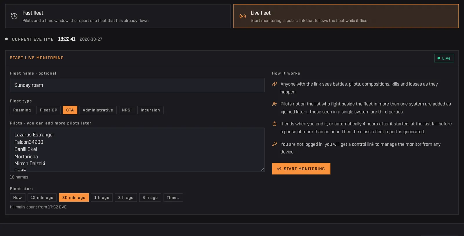 Switching to Live fleet and filling name, fleet type and pilots in the monitoring form