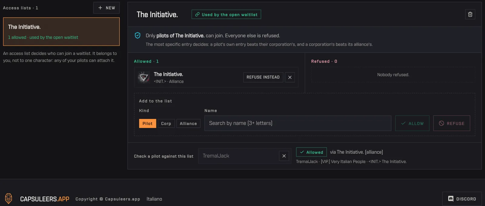 Checking a pilot against the The Initiative. access list: the verdict and the reason appear