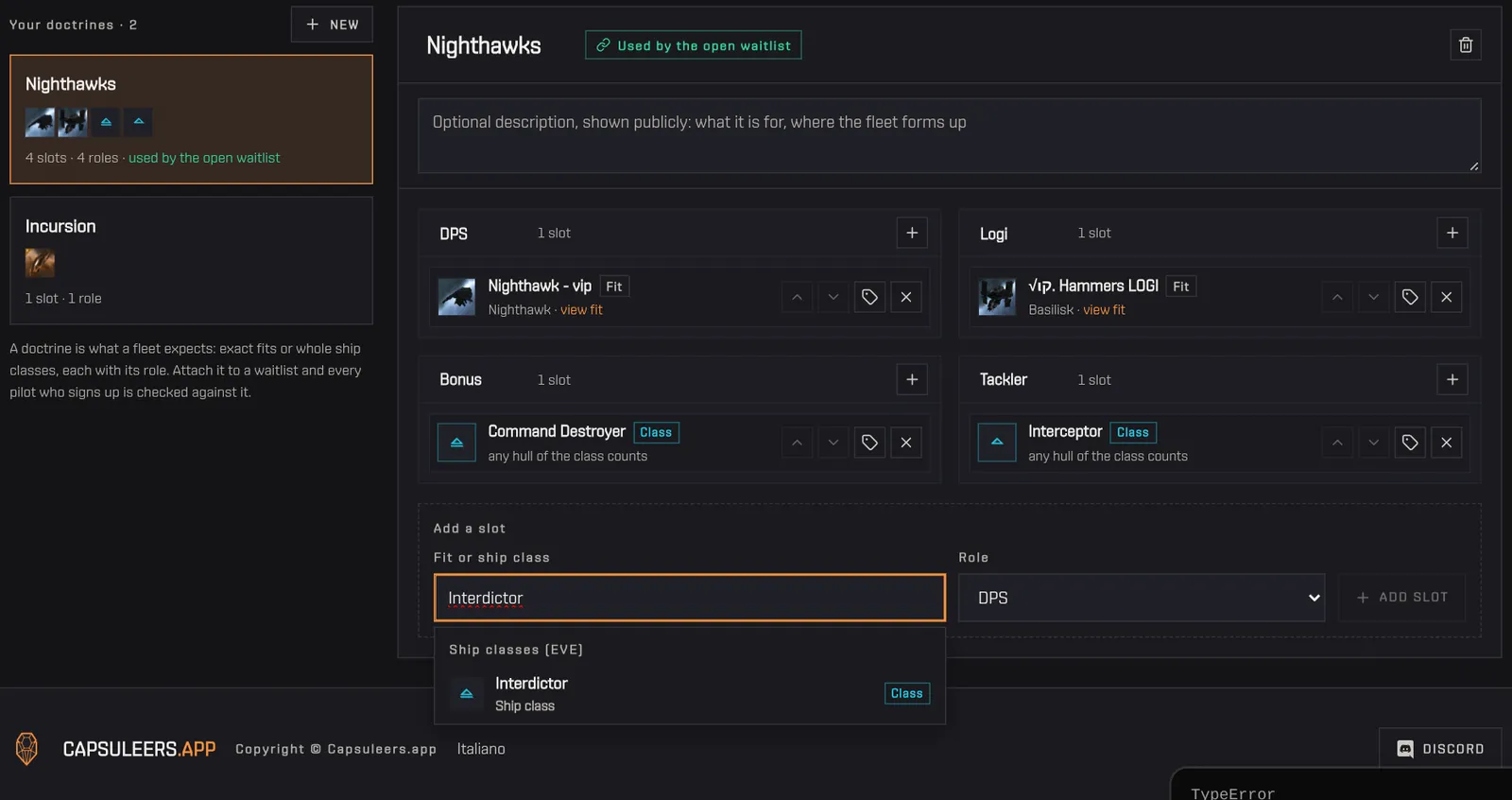 Switching between two doctrines, then searching the Interdictor class to add a slot to Nighthawks