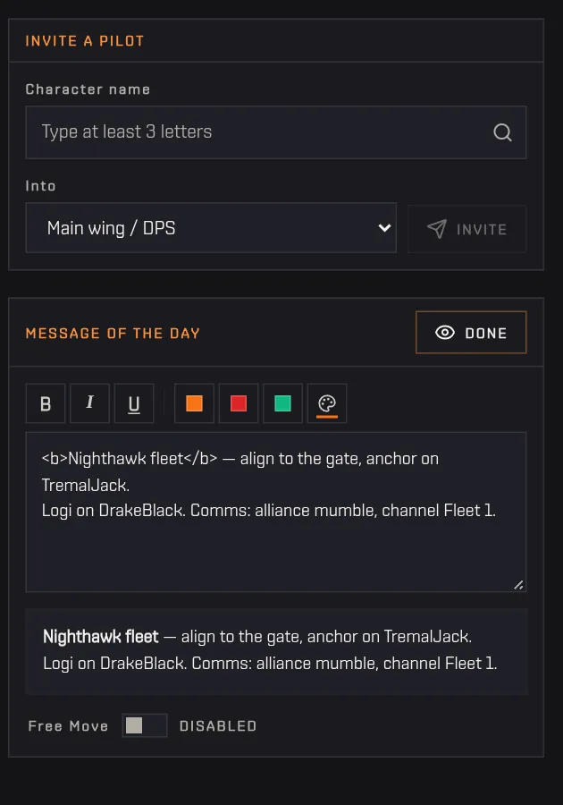The invite panel and the message of the day opening in its editor