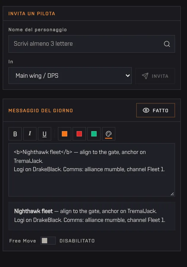 Il pannello degli inviti e il messaggio del giorno che si apre nel suo editor