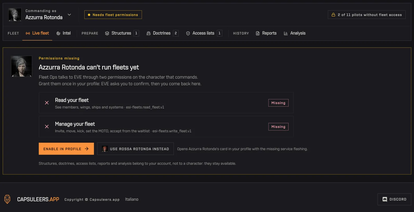 Opening the character picker, then choosing a character without fleet permissions: the notice explains what is missing