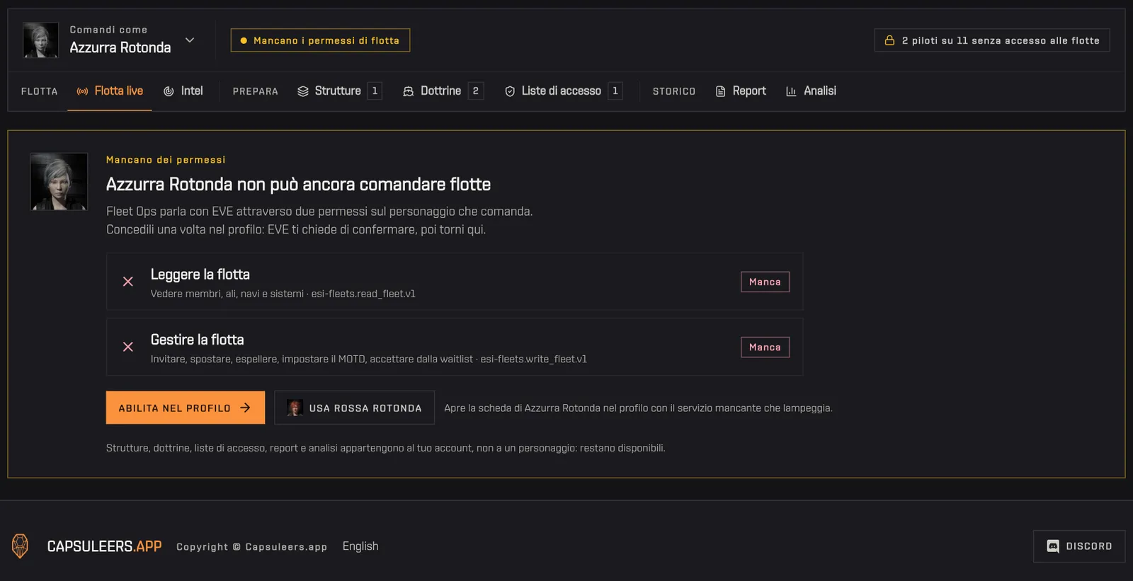 Si apre il selettore dei personaggi e se ne sceglie uno senza permessi di flotta: l'avviso spiega cosa manca