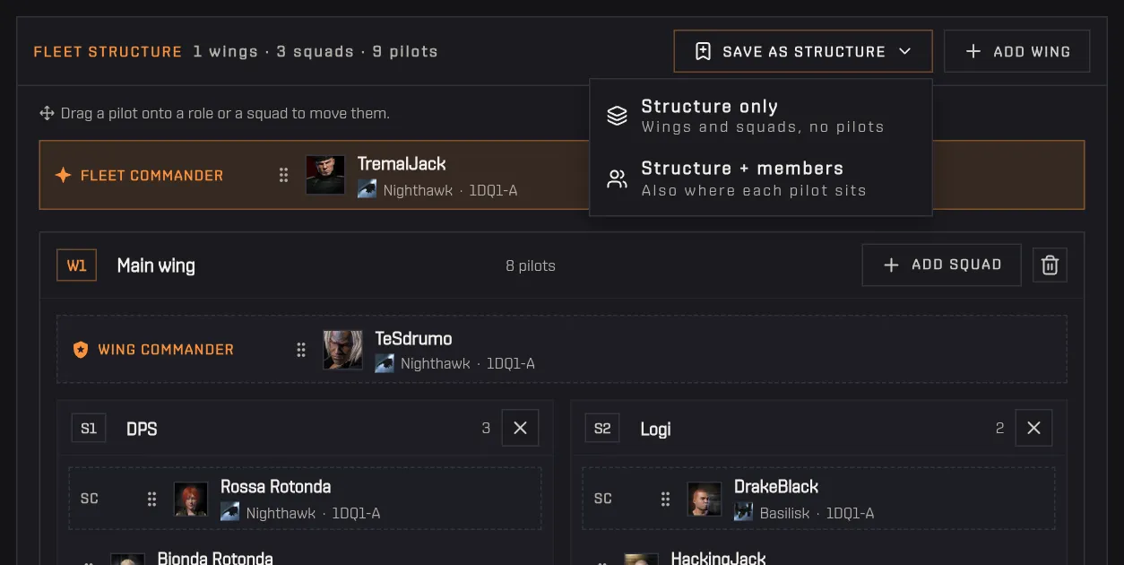 The Save as structure menu with its two options above the fleet structure