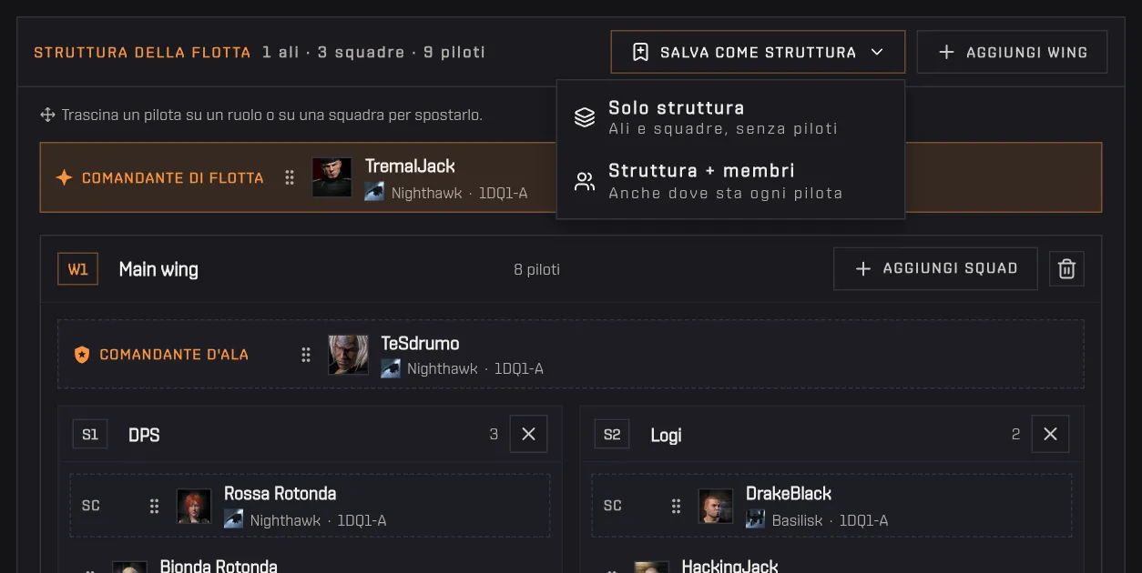 Il menu Salva come struttura con le sue due opzioni sopra la struttura della flotta