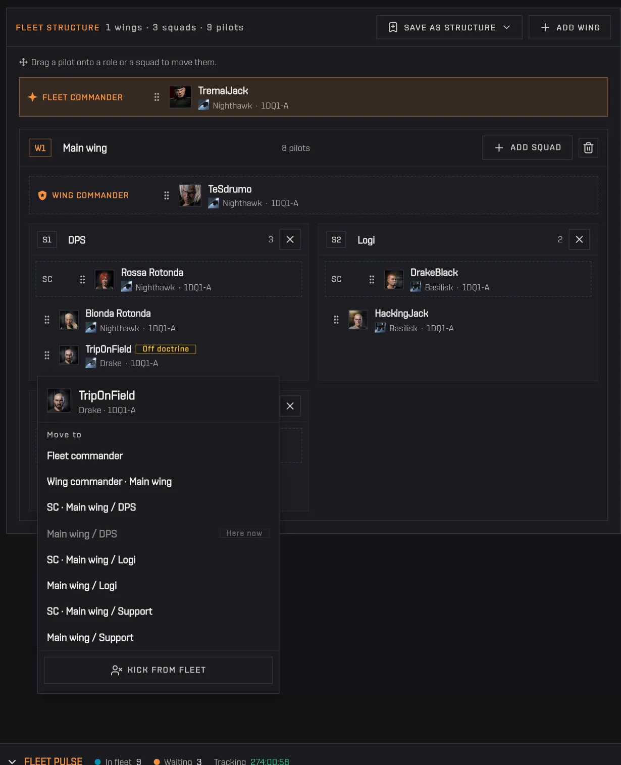 Clicking an off-doctrine pilot in the fleet structure opens the menu to move or kick them