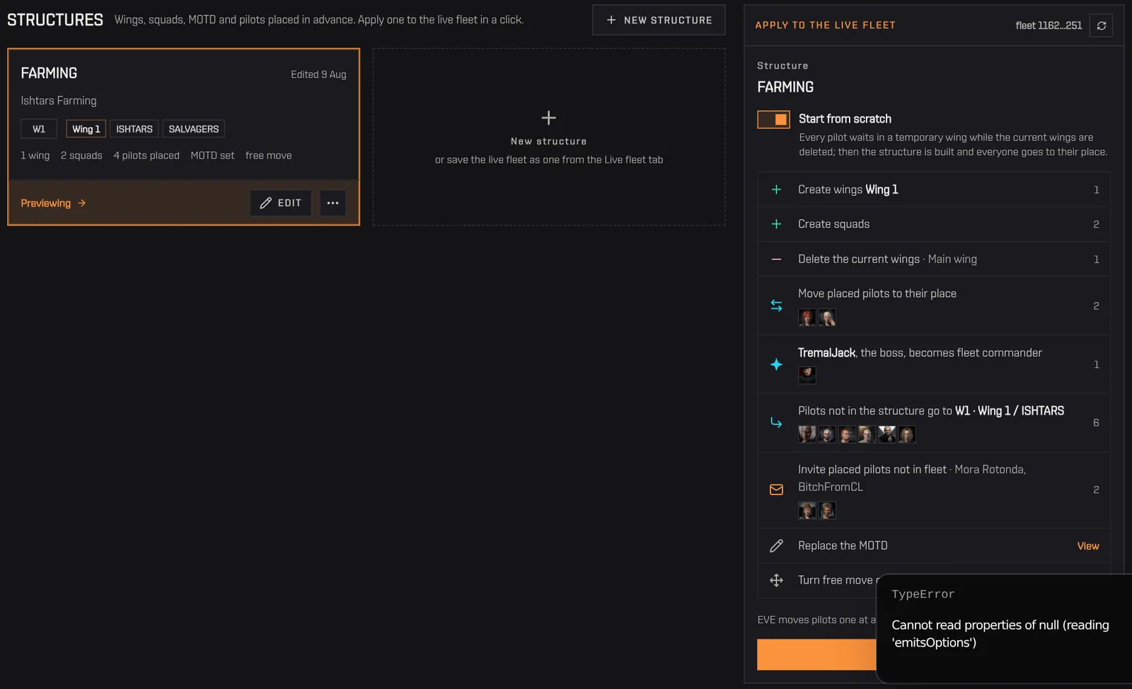 The Structures tab: the FARMING structure and its preview, switching Start from scratch on and off