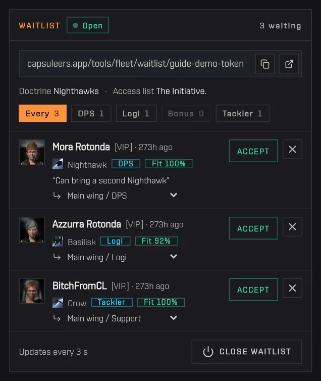 The waitlist with three pilots in queue, filtered by the Logi role and back to every role