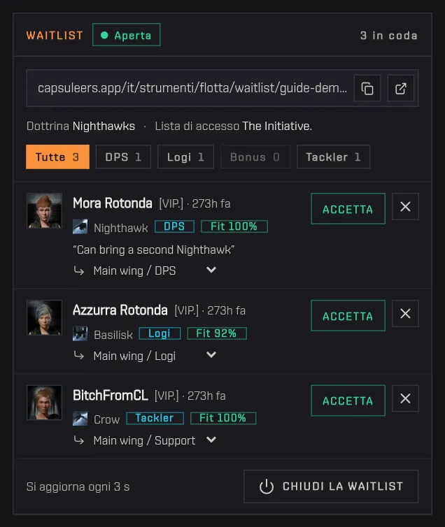 La waitlist con tre piloti in coda, filtrata sul ruolo Logi e poi di nuovo su tutti