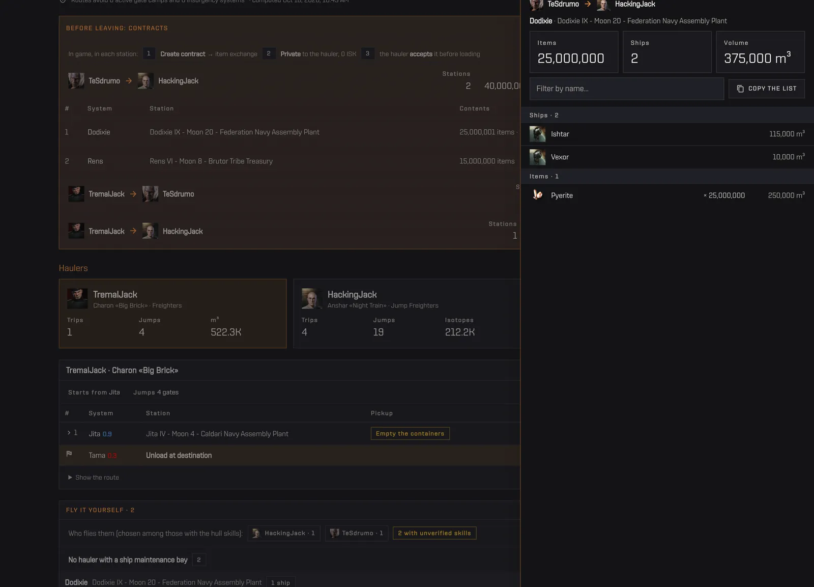 Opening the TeSdrumo to HackingJack contract card and its detail panel with the list of items