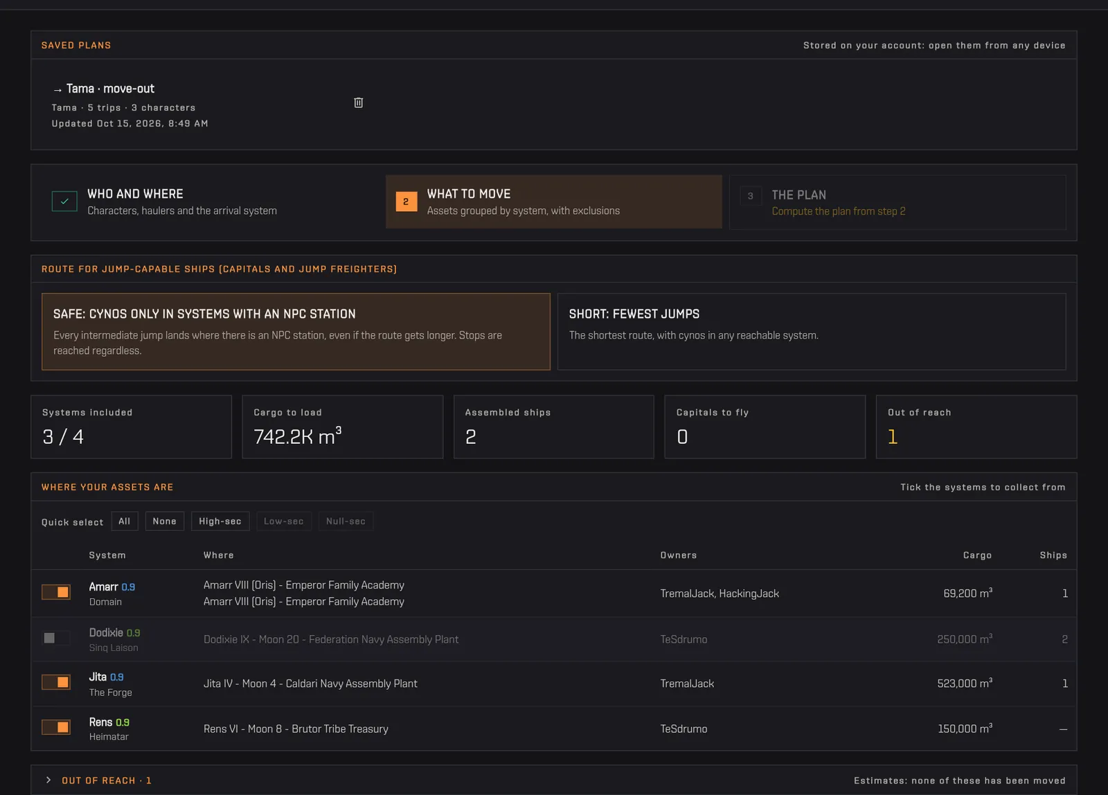 Clicking High-sec selects the highsec systems, then one system is switched off and the summary updates