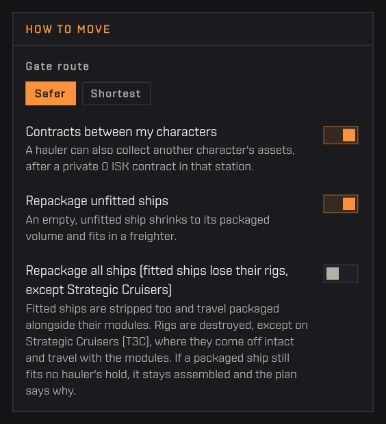 The How to move panel with the gate route choice and the three switches