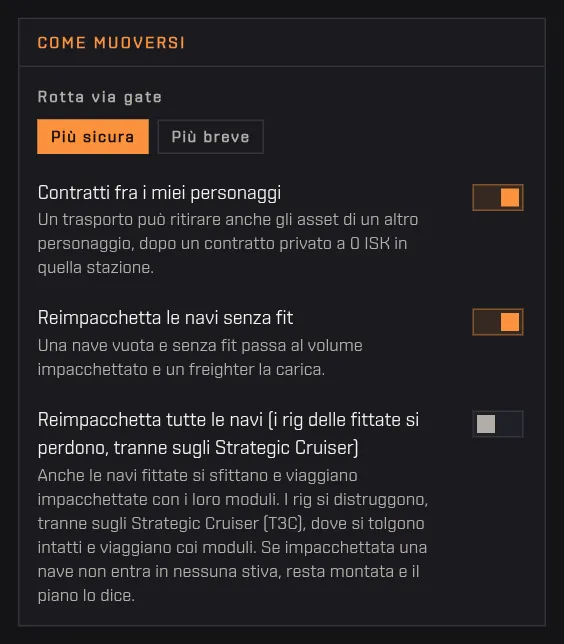 Il pannello Come muoversi con la scelta della rotta via gate e i tre interruttori