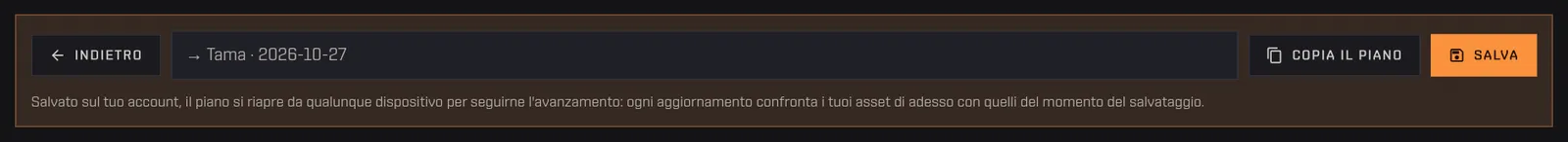 La barra in cima al piano con il campo del nome, Copia il piano e Salva