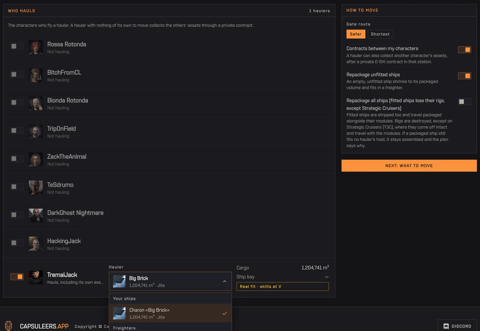 Switching TremalJack on as a hauler: his Charon is proposed, and the selector lists his ships and the generic hulls
